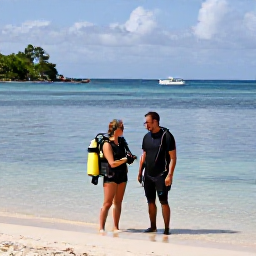 Caribbean Holidays, Martinique Diving May, Friendly scuba instructor checking a diver's equipment beside a calm beach in Martinique