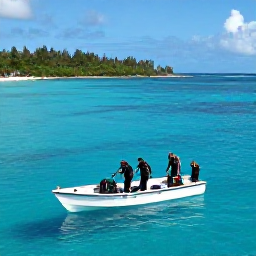 Caribbean Holidays, Martinique Diving May, Small dive boat leaving a tropical bay in Martinique with divers preparing their equipment