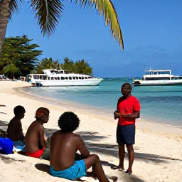 Caribbean Holidays, Martinique Diving October, Friendly Martinique dive guide briefing holidaymakers beside boats and palm-fringed Caribbean coastline
