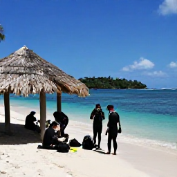 Caribbean Holidays, Martinique Diving October, Small group of scuba divers preparing equipment beside a sheltered tropical bay in Martinique