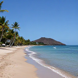 Caribbean Holidays, Martinique Diving, Palm-fringed Martinique beach with calm blue sea, volcanic hills and a small fishing boat in the distance