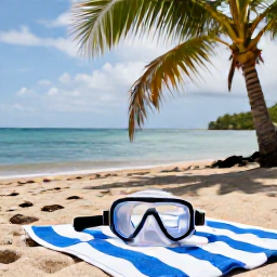 Caribbean Holidays, Martinique Diving, Relaxed Caribbean beach in Martinique with palm trees, calm sea and a diver&rsquo;s mask resting on a towel