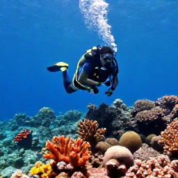 Caribbean Holidays, Martinique Diving, Scuba diver exploring a colourful coral reef in clear tropical water off Martinique
