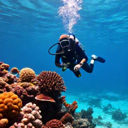 Caribbean Holidays, Martinique Diving, Scuba diver exploring a colourful coral reef in clear turquoise water off Martinique in December