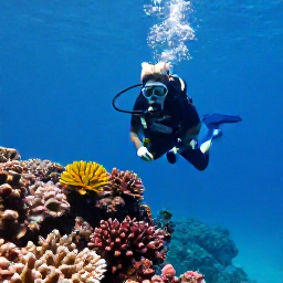 Caribbean Holidays, Martinique Diving, Scuba diver exploring a colourful coral reef in clear turquoise water off Martinique in March