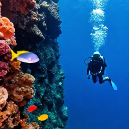 Caribbean Holidays, Martinique Diving, Scuba diver exploring a volcanic underwater wall with sponges and tropical fish near Martinique