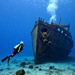 Caribbean Holidays, Martinique Diving, Scuba divers approaching a historic shipwreck in calm blue water near the coast of Martinique