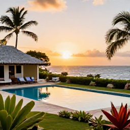 Caribbean Holidays, Martinique Family Holidays, A comfortable family resort in Martinique at sunset, with a swimming pool, tropical gardens and the Caribbean Sea beyond