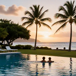 Caribbean Holidays, Martinique Family Holidays, A family enjoying a comfortable beachfront resort in Martinique at sunset, with a swimming pool, palm trees and the sea beyond