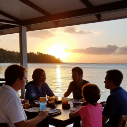 Caribbean Holidays, Martinique Family Holidays, A family enjoying a relaxed meal at a waterfront restaurant in Martinique at sunset