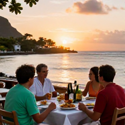 Caribbean Holidays, Martinique Family Holidays, A family enjoying a relaxed outdoor meal at a Martinique seaside restaurant at sunset, local food and a welcoming Caribbean atmosphere