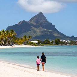 Caribbean Holidays, Martinique Family Holidays, A family enjoying a sunny beach in Martinique in May, with calm turquoise water, palm trees and volcanic mountains in the distance