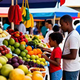 Caribbean Holidays, Martinique Family Holidays, A family exploring a colourful market in Fort-de-France, Martinique, surrounded by tropical fruit, spices and friendly local stalls