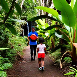 Caribbean Holidays, Martinique Family Holidays, A family exploring a lush rainforest trail near Mount Pel&eacute;e in Martinique, with tropical plants and a gentle waterfall