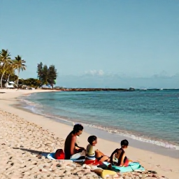 Caribbean Holidays, Martinique Family Holidays, A family relaxing on a beautiful Martinique beach in warm January sunshine, with calm turquoise water and palm trees