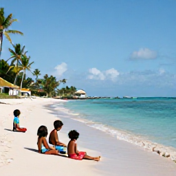 Caribbean Holidays, Martinique Family Holidays, A family relaxing together on a calm sandy beach in Martinique, with turquoise water and palm trees