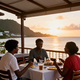 Caribbean Holidays, Martinique Family Holidays, A family sharing a relaxed Creole meal at an outdoor restaurant in Martinique at sunset