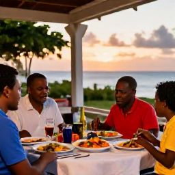 Caribbean Holidays, Martinique Family Holidays, A family sharing a relaxed outdoor Creole meal at a Martinique restaurant at sunset, with colourful dishes and a warm Caribbean setting