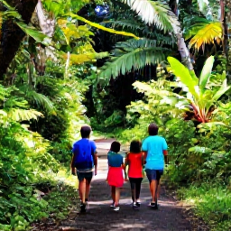 Caribbean Holidays, Martinique Family Holidays, A family walking through lush tropical rainforest near Mount Pel&eacute;e in Martinique, with a clear trail and dramatic green scenery