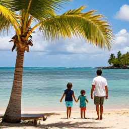 Caribbean Holidays, Martinique Family Holidays, A happy family arriving at a sunny Martinique beach in September, with palm trees, calm turquoise water and a relaxed Caribbean atmosphere