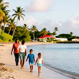 Caribbean Holidays, Martinique Family Holidays, A happy family walking along a calm tropical beach in Martinique in December, warm sunlight, palm trees and clear turquoise water