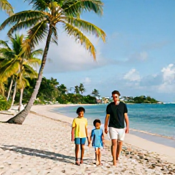 Caribbean Holidays, Martinique Family Holidays, A happy family walking along a palm-fringed beach in Martinique during a bright November morning