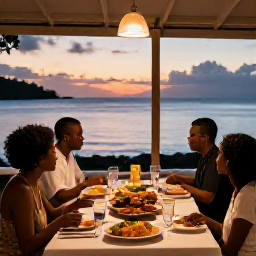 Caribbean Holidays, Martinique Family Holidays, A relaxed family dinner at a seaside restaurant in Martinique at sunset, with local food, warm lighting and a view across the Caribbean Sea