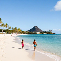 Caribbean Holidays, Martinique Family Holidays, A relaxed family enjoying a bright Caribbean beach in Martinique during August, with calm turquoise water, palm trees and volcanic hills in the distance