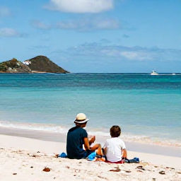 Caribbean Holidays, Martinique Family Holidays, A relaxed family enjoying a bright sandy beach and calm turquoise sea in Martinique during June