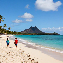 Caribbean Holidays, Martinique Family Holidays, A relaxed family enjoying a sunny beach on Martinique in July, with turquoise sea, palm trees and volcanic hills in the distance