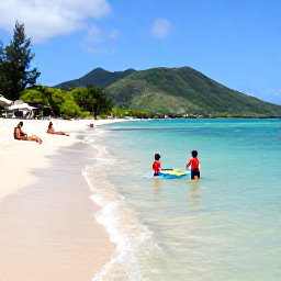 Caribbean Holidays, Martinique Family Holidays, Children paddling in calm turquoise water while parents relax on a sandy Martinique beach with green hills in the distance