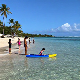 Caribbean Holidays, Martinique Family Holidays, Children paddling in shallow clear water beside a family-friendly Martinique beach with palm trees and gentle waves