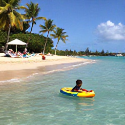 Caribbean Holidays, Martinique Family Holidays, Children paddling in shallow clear water on a beautiful Martinique beach while parents relax beneath palm trees