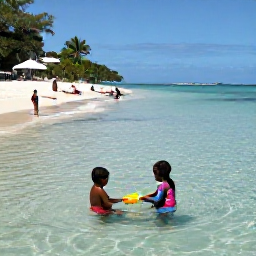 Caribbean Holidays, Martinique Family Holidays, Children playing safely in shallow clear water beside a peaceful Martinique beach, with parents relaxing nearby