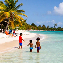 Caribbean Holidays, Martinique Family Holidays, Children playing safely in shallow clear water beside a sandy Martinique beach, while parents relax under a palm tree