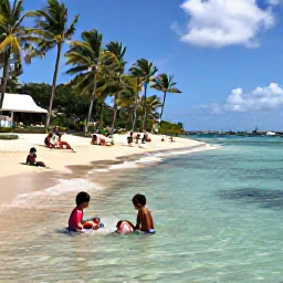 Caribbean Holidays, Martinique Family Holidays, Children playing safely in shallow clear water on a Martinique beach while parents relax under palm trees