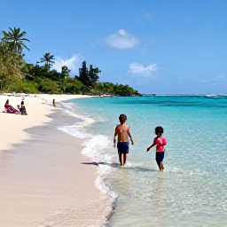Caribbean Holidays, Martinique Family Holidays, Children playing safely in shallow clear water on a sandy Martinique beach while parents relax nearby, tropical scenery and gentle waves