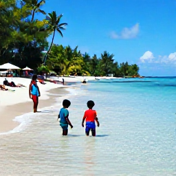 Caribbean Holidays, Martinique Family Holidays, Children playing safely in shallow clear water on a sandy Martinique beach while parents relax nearby