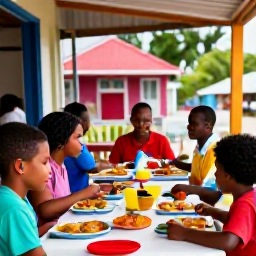 Caribbean Holidays, Martinique Family Holidays, Family enjoying a colourful Creole meal at an outdoor restaurant in a lively Martinique village