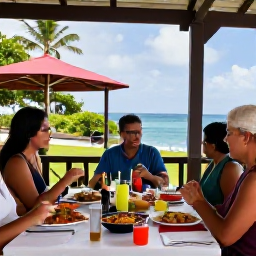 Caribbean Holidays, Martinique Family Holidays, Family enjoying a relaxed outdoor meal at a Martinique restaurant, with colourful Creole dishes and tropical surroundings