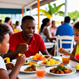 Caribbean Holidays, Martinique Family Holidays, Family enjoying colourful Creole food at an outdoor restaurant in Martinique, with local dishes, tropical fruit and a friendly atmosphere