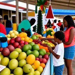 Caribbean Holidays, Martinique Family Holidays, Family exploring a colourful market in Fort-de-France, Martinique, with tropical fruit, spices and festive December decorations