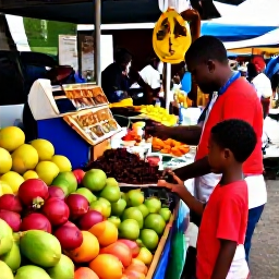 Caribbean Holidays, Martinique Family Holidays, Family exploring a colourful Martinique market in Fort-de-France, with tropical fruit, spices and local crafts