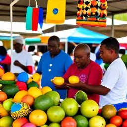 Caribbean Holidays, Martinique Family Holidays, Family exploring a colourful Martinique market with tropical fruit, local crafts and friendly stallholders