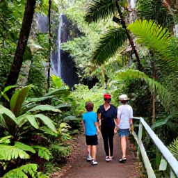 Caribbean Holidays, Martinique Family Holidays, Family exploring a lush Martinique rainforest trail near Mount Pel&eacute;e, with tropical plants, a waterfall and a knowledgeable local guide