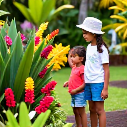 Caribbean Holidays, Martinique Family Holidays, Family exploring a lush tropical garden and looking at colourful flowers and plants in Martinique