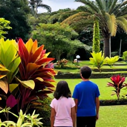 Caribbean Holidays, Martinique Family Holidays, Family exploring a lush tropical garden and viewing colourful plants in Martinique