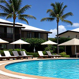 Caribbean Holidays, Martinique Family Holidays, Family relaxing beside a Martinique hotel pool with palm trees, comfortable loungers and bright December sunshine
