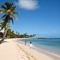 Caribbean Holidays, Martinique Family Holidays, Family relaxing on a sunny Martinique beach with calm turquoise water, palm trees and soft golden sand