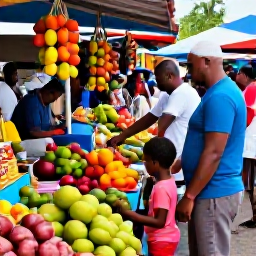 Caribbean Holidays, Martinique Family Holidays, Parents and children exploring a colourful market in Fort-de-France, Martinique, surrounded by tropical fruit and local crafts